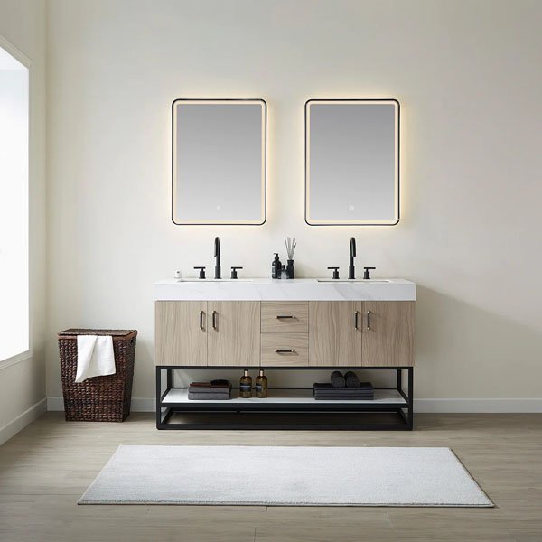 Integral Sink Top - 60" double with mirror light walnut